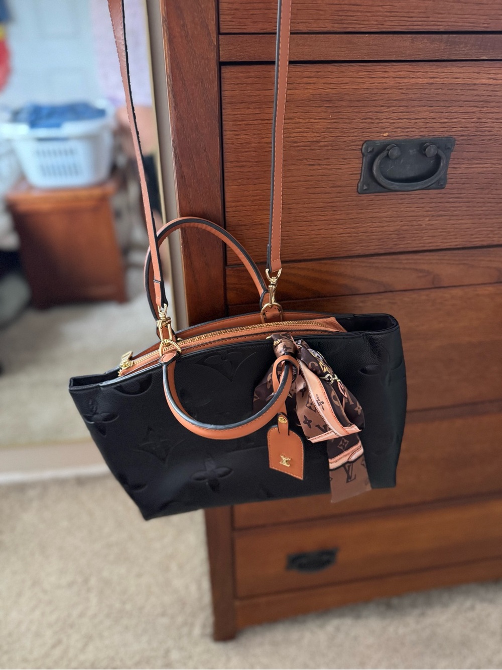 Black Embossed Leather Tote with Tan Trim - Picture 8 of 8
